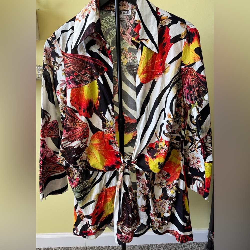 Mishca 100% Cotton Butterfly Floral Zebra Tie Front ‎ Boho Artsy Y2K Retro Top L